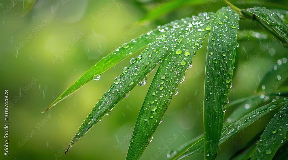 Obraz premium Bamboo forest. Rain has caused water droplets on the leaves. Large bamboo in the foreground, naturally out of focus behind