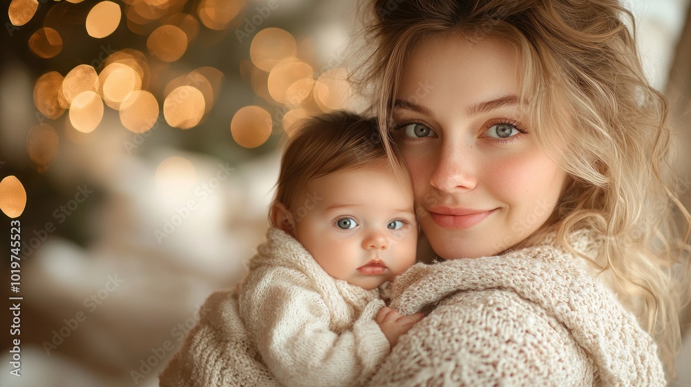 A mother lovingly holds her baby, surrounded by warm lights. A mother lovingly holds her baby, surrounded by warm lights.