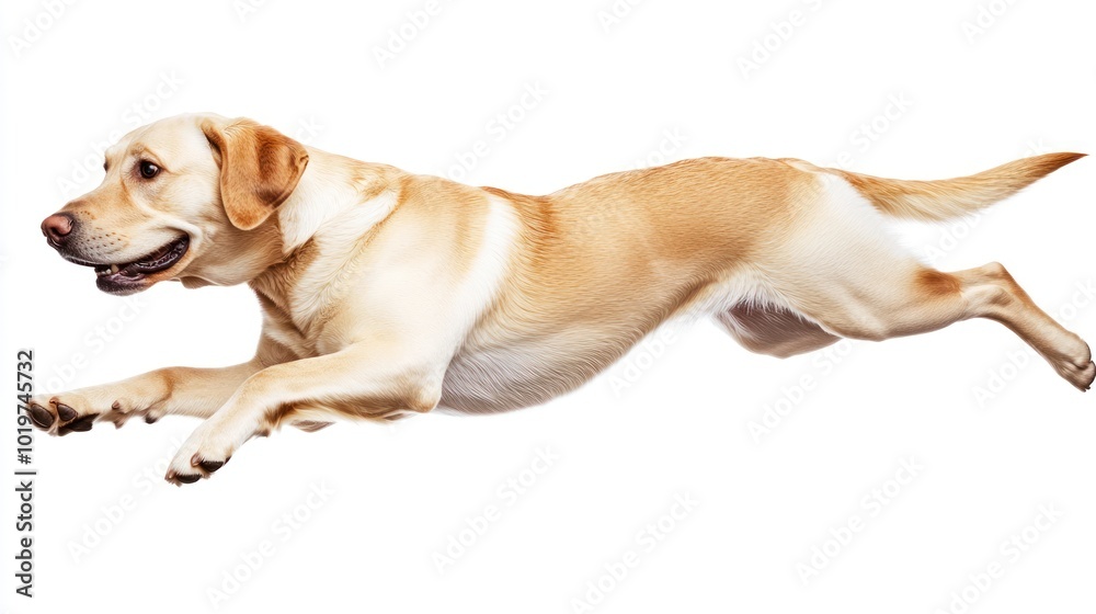 A joyful yellow Labrador retriever leaping in mid-air against a white background. A joyful yellow Labrador retriever leaping in mid-air against a white background.
