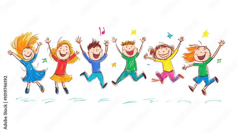 Fototapeta premium Cute children's art jumping and laughing happily with colorful lines imagination display on paper simple kindergarten children's drawing hand drawn concept