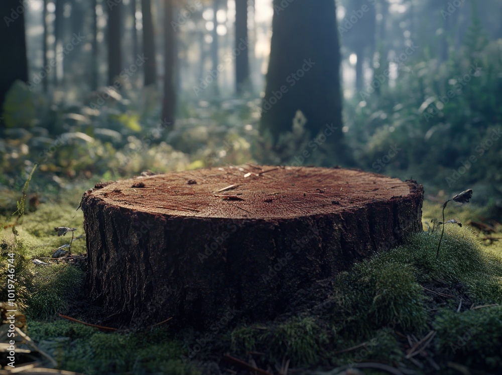 Obraz premium A tree stump surrounded by lush greenery in a serene forest setting.