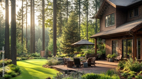 A serene backyard with a wooden deck, surrounded by lush trees and vibrant garden plants.