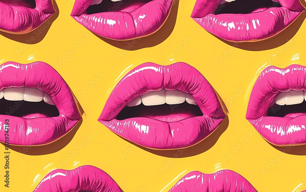 Seamless pattern of pink lips on a yellow background. Fashionable and trendy background with many open-mouth expressions