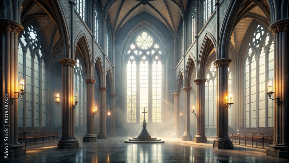Obraz premium Foggy Gothic chapel with tall windows and columns, foggy, hall, interior, gothic, ancient, chapel, tall windows, columns