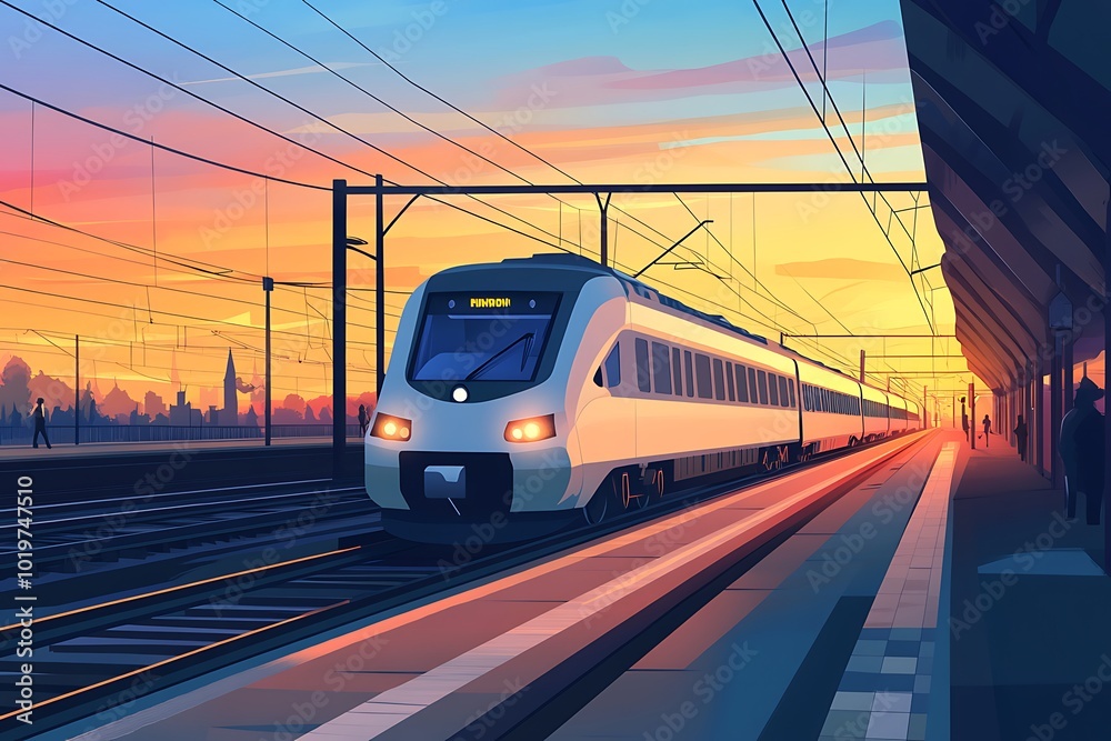 Naklejka premium vector art Commuter Train at Beautiful Modern Railway Station