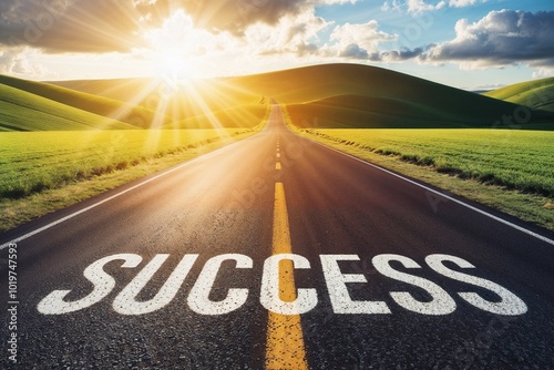 Success written on the highway road, a road to success business concept. sun glowing in the end of the road defines success.