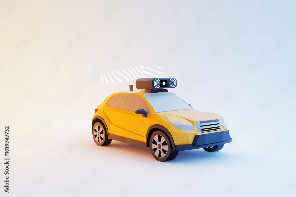 Yellow self-driving car with sensors and cameras on top Yellow self-driving car with sensors and cameras on top