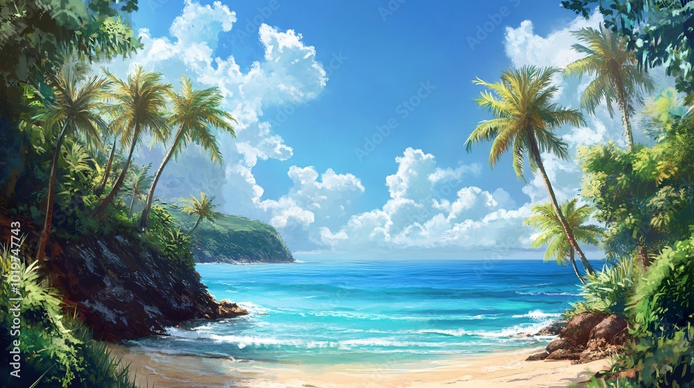 Tropical beach with palm trees and blue water. Tropical beach with palm trees and blue water.