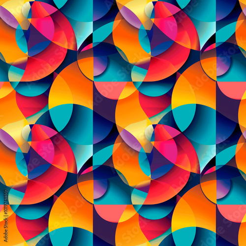 Vibrant abstract pattern with overlapping circles in vibrant shades of red, orange, yellow and turquoise. Seamless background