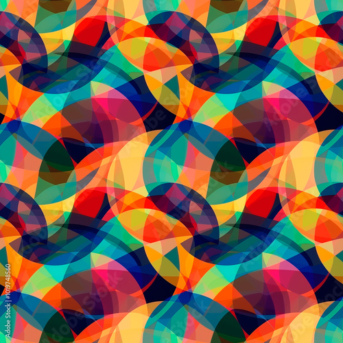 Vibrant abstract pattern with overlapping circles in vibrant shades of red, orange, yellow and turquoise. Seamless background