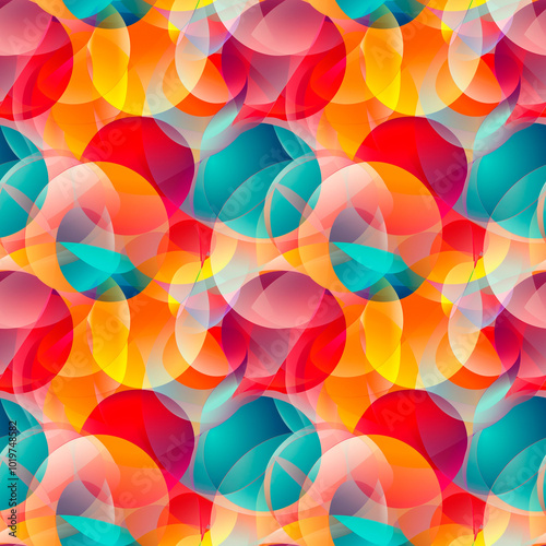 Vibrant abstract pattern with overlapping circles in vibrant shades of red, orange, yellow and turquoise. Seamless background