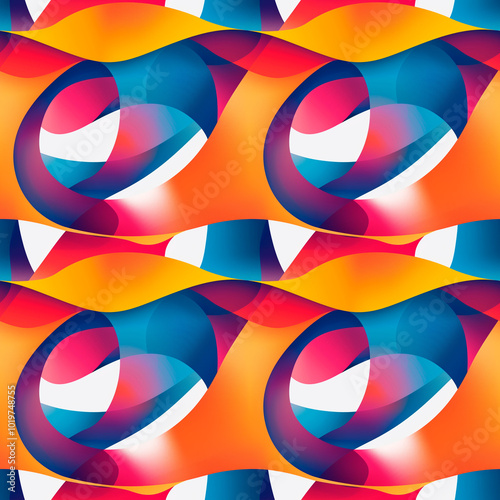 A vibrant abstract pattern with dynamic geometric shapes and smooth gradients in bold shades of orange, blue and yellow. Seamless background