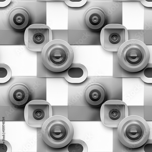 Geometric abstract pattern with futuristic 3D elements. Seamless background in shades of gray for modern tech backgrounds, applications or web interfaces