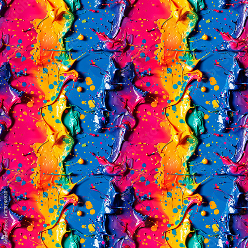 Bright abstract background with splashes of colorful paint in dynamic movement, with bright shades of yellow, pink, blue and green. Seamless background