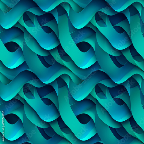 Geometric abstract pattern with intersecting diagonal lines and layered gradients in vibrant turquoise and blue tones. Seamless background