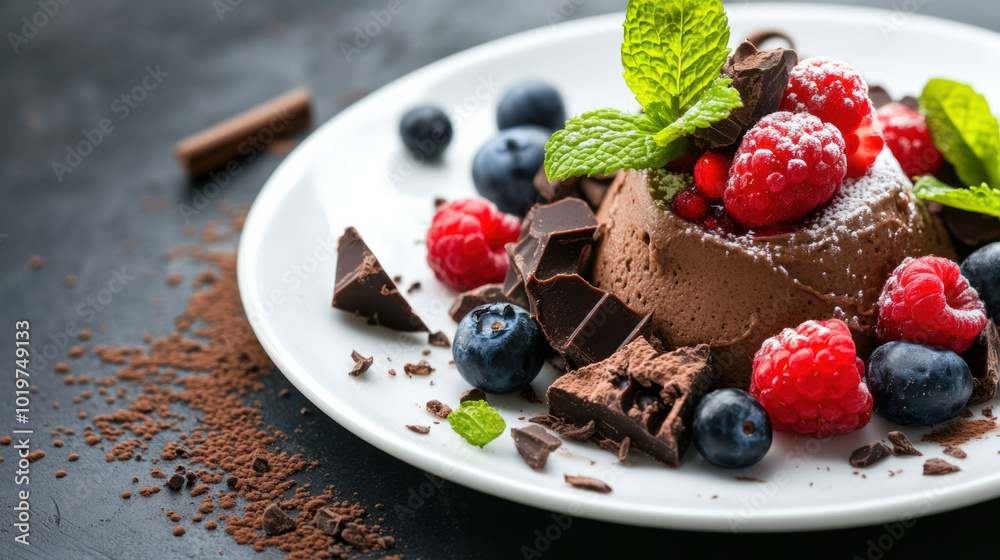 Decadent chocolate mousse topped with fresh raspberries, blueberries, and mint leaves, creating delightful gourmet dessert experience