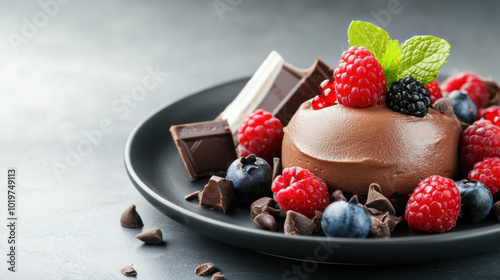 Decadent chocolate mousse garnished with fresh berries and mint leaves, served on sleek black plate, creating inviting and indulgent dessert experience