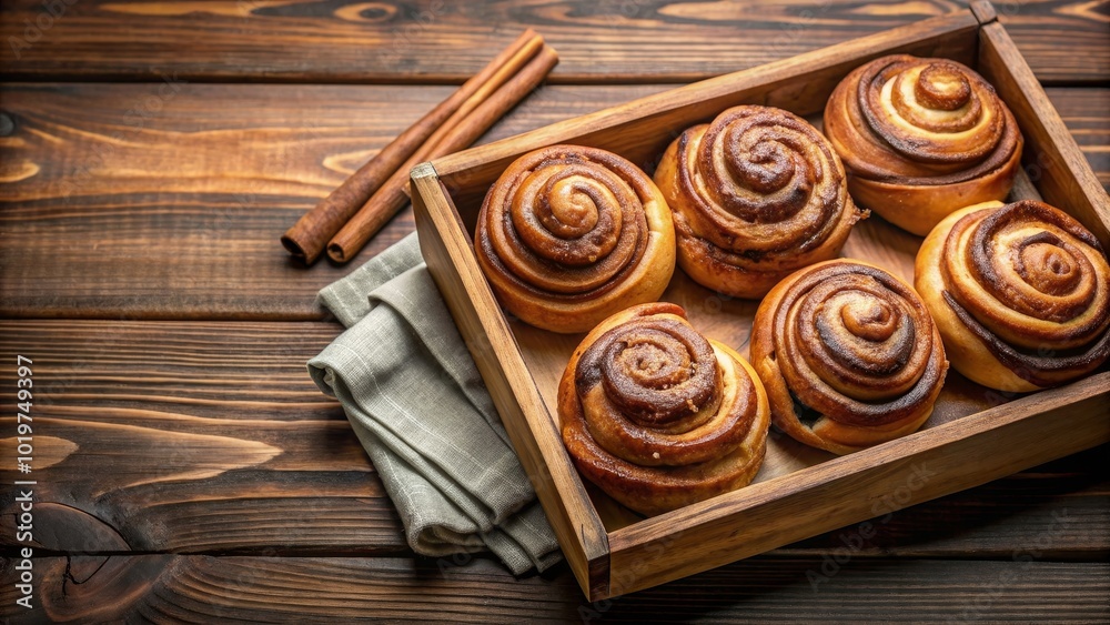 Delicious fresh baked cinnamon buns on a wooden tray, bakery, sweets, dessert, pastry, breakfast, cinnamon, gourmet, delicious