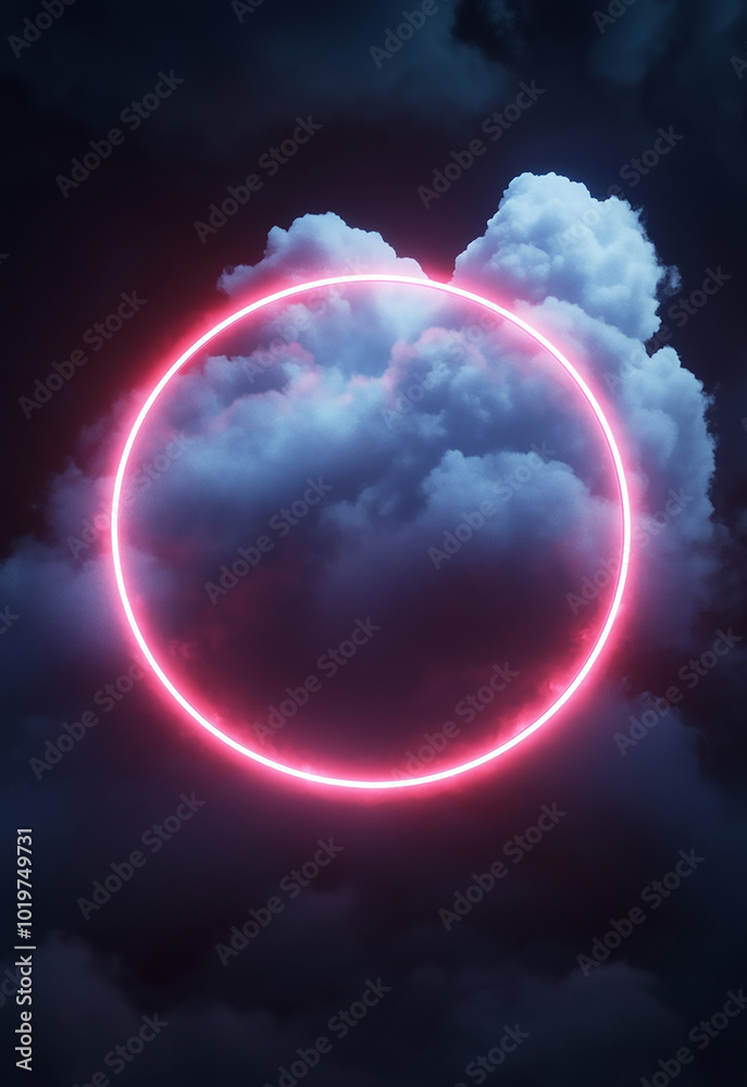Fototapeta premium Neon circle, Neon glitter circle of light shine sparkles and Neon spark particles in circle frame on clouds background, magic of space