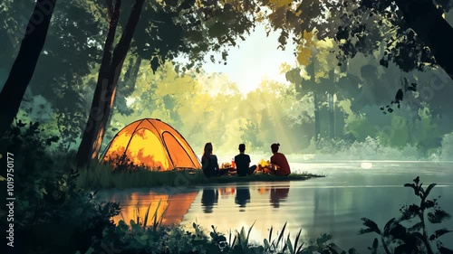 Three friends enjoy a peaceful evening by the lake, sitting around a campfire near their tent