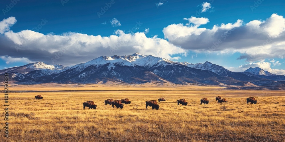 Fototapeta premium A herd of bison grazing in the vast expanse meadow, mountain and cloudy sky on background