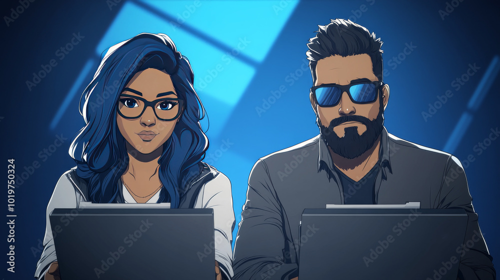 A young woman with blue hair and a man with a beard and sunglasses look intently at their laptops. A young woman with blue hair and a man with a beard and sunglasses look intently at their laptops.