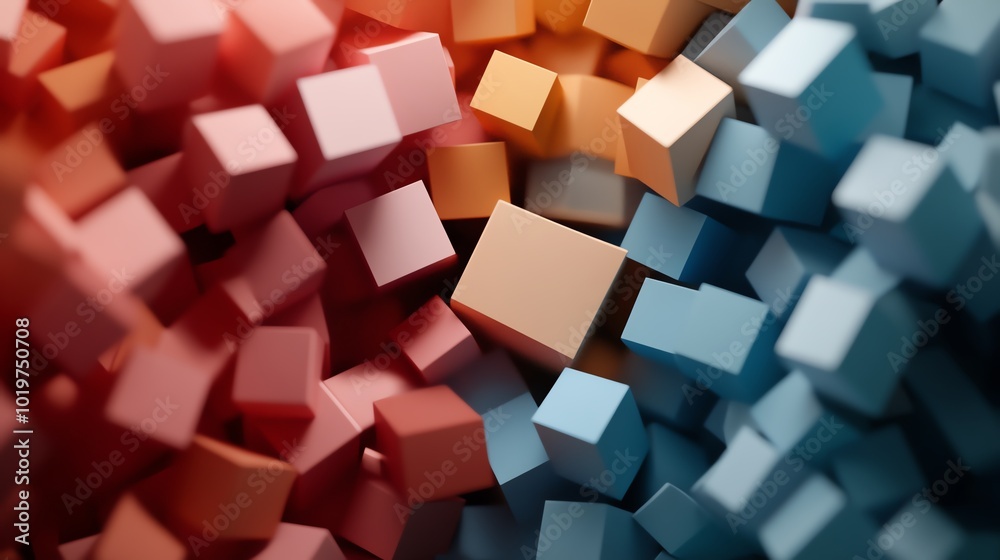 Abstract close-up of red, orange, and blue 3D cubes clustered together, creating a dynamic geometric pattern. Abstract close-up of red, orange, and blue 3D cubes clustered together, creating a dynamic geometric pattern.