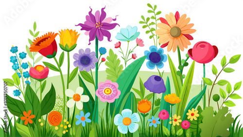 A colorful assortment of garden flowers, meadow blooms, and lush green grass.