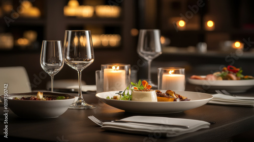 modern dining table set featuring elegant dishes, wine glasses, and candles creates warm and inviting atmosphere for delightful dining experience