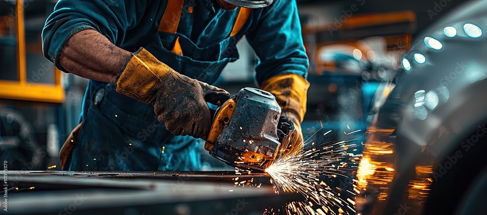 A worker in overalls uses an angle grinder to cut metal, with sparks flying from the saw. The close-up focuses on their hands holding and operating the machine A worker in overalls uses an angle grinder to cut metal, with sparks flying from the saw. The close-up focuses on their hands holding and operating the machine