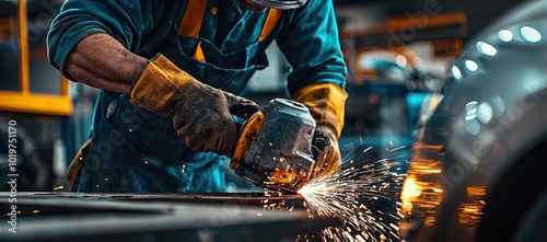 A worker in overalls uses an angle grinder to cut metal, with sparks flying from the saw. The close-up focuses on their hands holding and operating the machine