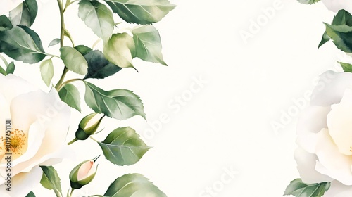 Vintage Watercolor White Rose with Delicate Leaves