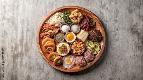 Elaborate Korean dish Gujeolpan with nine different foods on a wooden plate, Korean cuisine photo