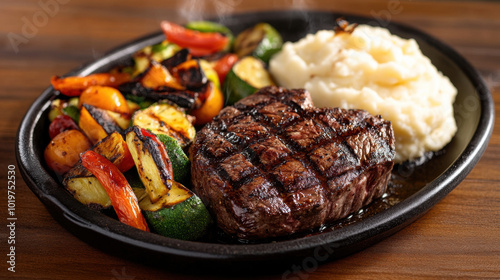 plate of sizzling steak served with grilled vegetables and creamy mashed potatoes, creating delicious and hearty meal that is sure to satisfy