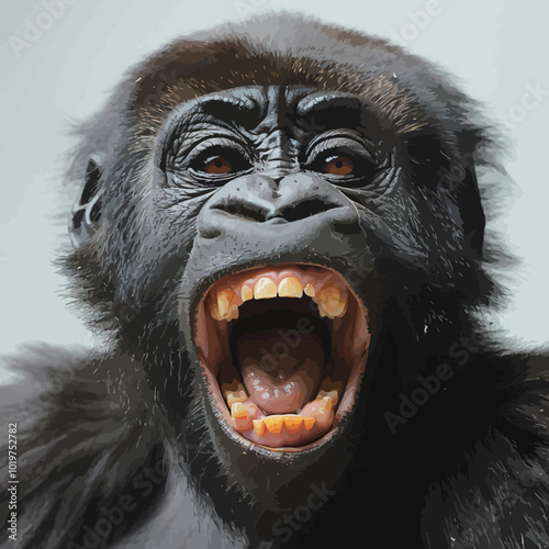 Portrait of a gorilla with open mouth on a gray background. 