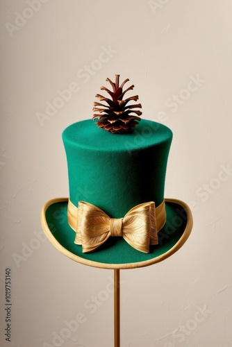 A green top hat with a golden bow and a pine cone atop it. photo