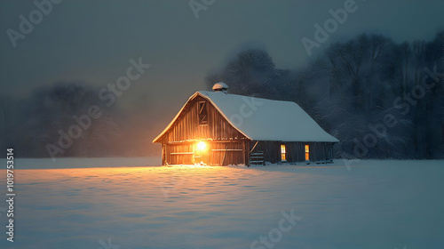 Snowy Night Barn Illustration