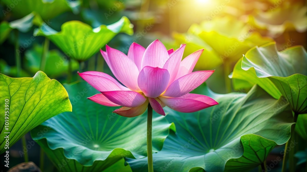 Obraz premium Pink lotus flower in full bloom amidst lush green leaves, pink, lotus, flower, bloom, petal, nature, plant, aquatic, pond