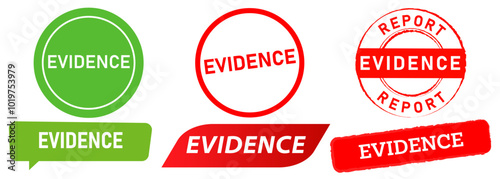 Evidence crime proof source stamp red green badge sticker trustworthy element law justice truthful validation emblem seal design icon set collection