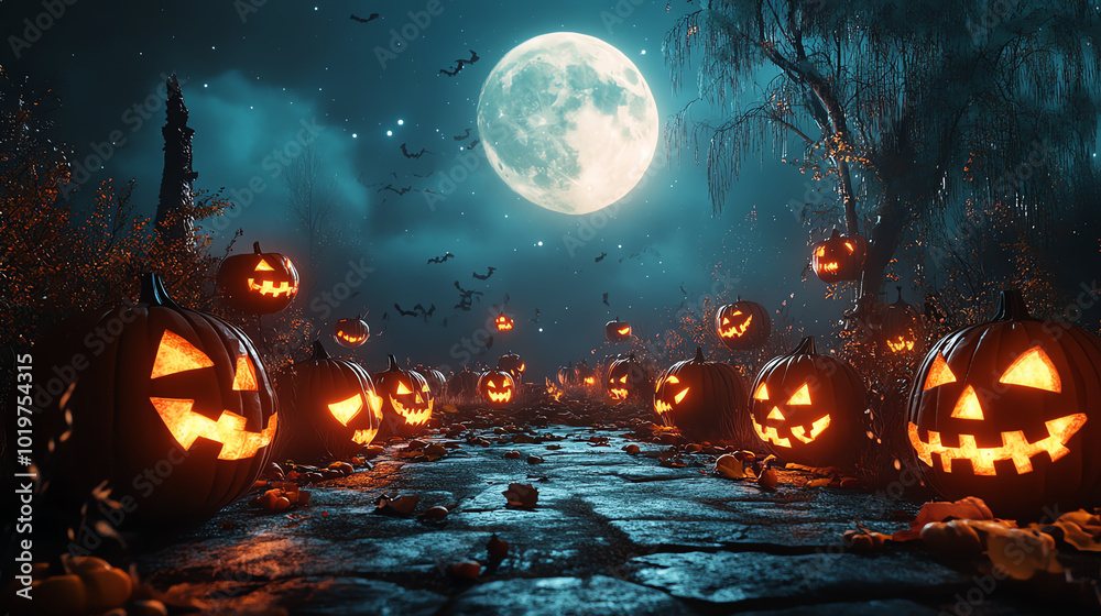 A path lined with glowing jack-o'-lanterns leads into a spooky forest under a full moon. A path lined with glowing jack-o'-lanterns leads into a spooky forest under a full moon.