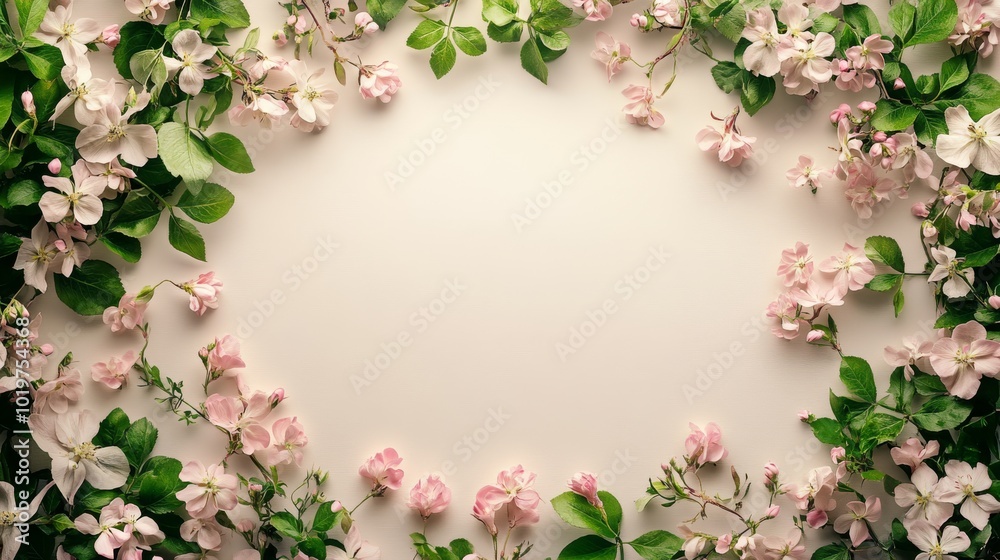 Delicate Pink Flowers and Green Leaves Forming a Circular Frame on a Light Background Delicate Pink Flowers and Green Leaves Forming a Circular Frame on a Light Background