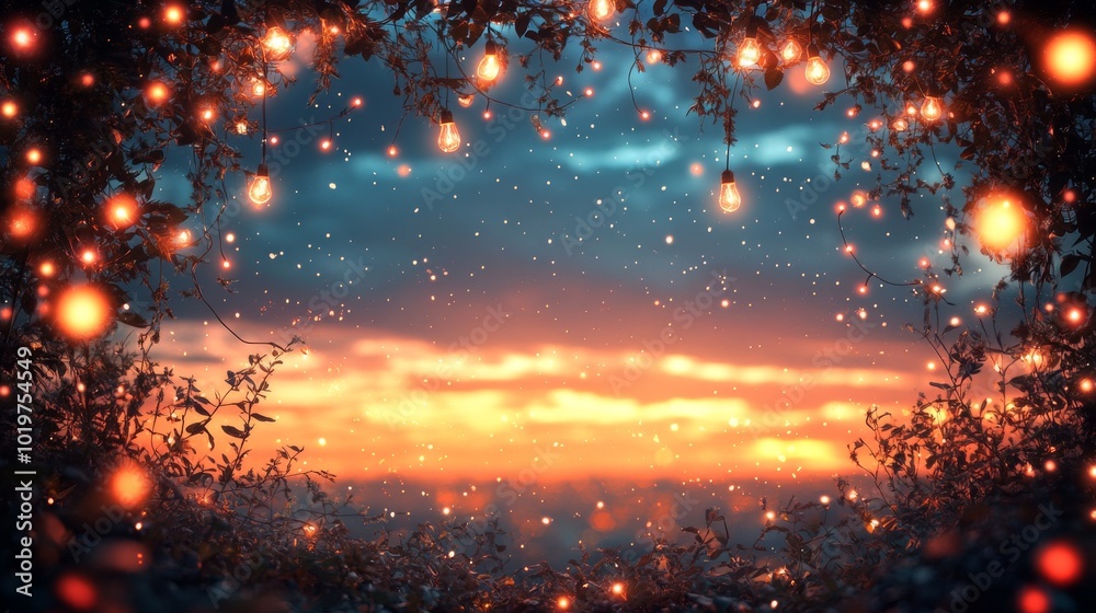 Fototapeta premium Silhouetted Branches with Twinkling Lights Against a Sunset Sky
