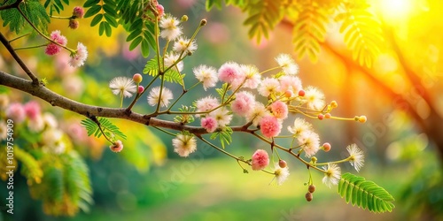 Asymmetrical Krishna Chura tree flowers leaves branch isolated photo