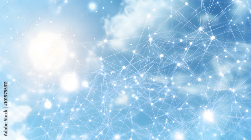 Abstract technology background with network connection lines and dots on blue sky, white background Generative AI