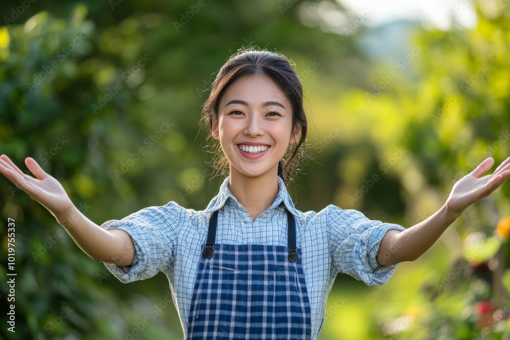 Portrait of a welcoming Asian woman with open arms wearing blue apron like a mother or cook welcoming guest or customers and bright nature background Portrait of a welcoming Asian woman with open arms wearing blue apron like a mother or cook welcoming guest or customers and bright nature background