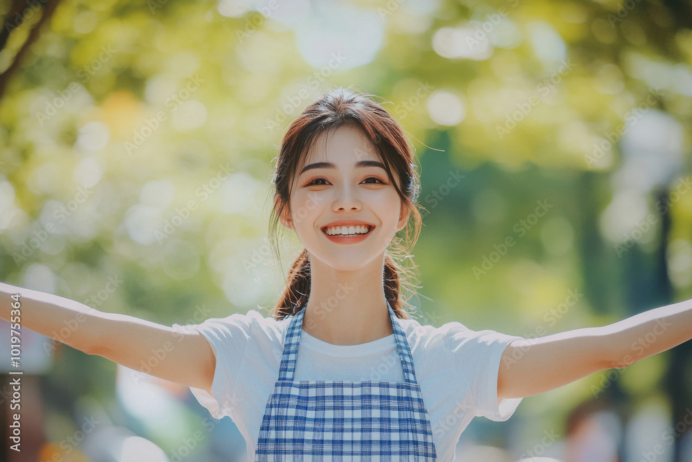 Portrait of a welcoming Asian woman with open arms wearing blue apron like a mother or cook welcoming guest or customers and bright nature background Portrait of a welcoming Asian woman with open arms wearing blue apron like a mother or cook welcoming guest or customers and bright nature background