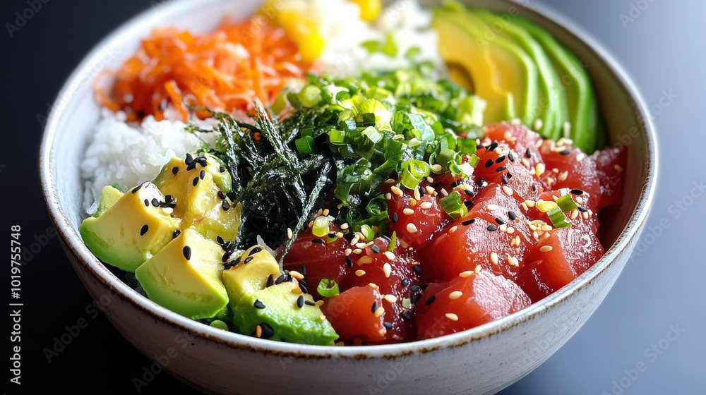 vibrant poke bowl featuring fresh tuna, avocado, rice, and colorful vegetables, garnished with sesame seeds and seaweed, creating delightful and healthy meal vibrant poke bowl featuring fresh tuna, avocado, rice, and colorful vegetables, garnished with sesame seeds and seaweed, creating delightful and healthy meal