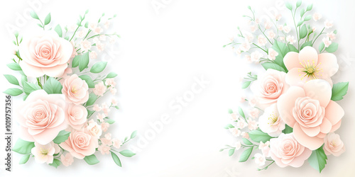 A white background with a beautiful arrangement of pink roses and green leaves. The roses are of various sizes and are scattered throughout the image, with some larger and some smaller