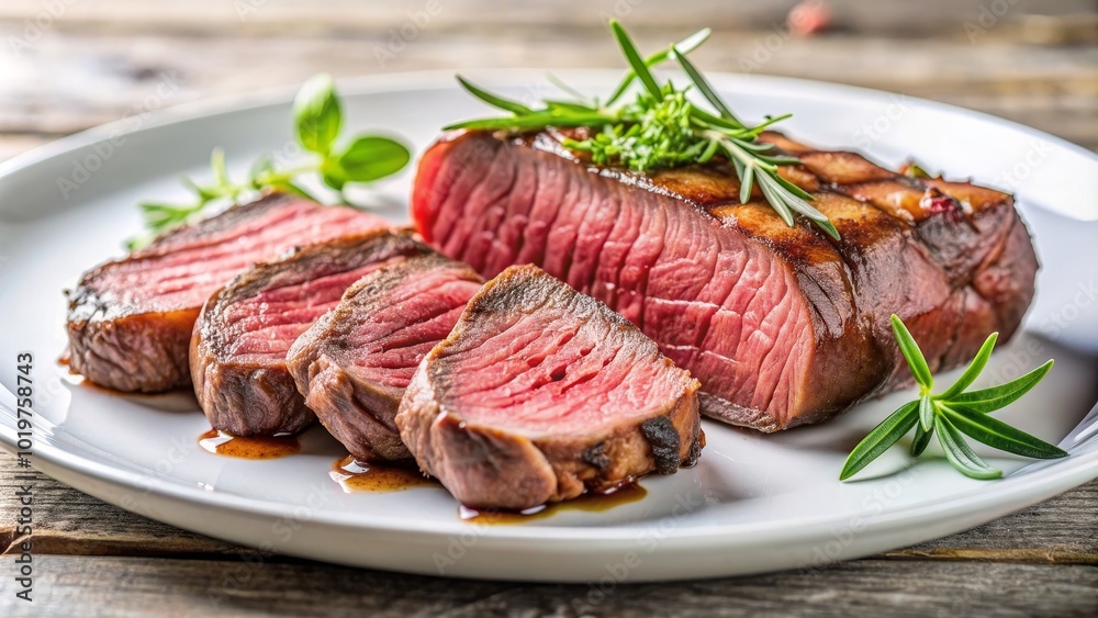 Close up of grilled kangaroo meat on a white plate Australian cuisine, exotic meat, food photography Close up of grilled kangaroo meat on a white plate Australian cuisine, exotic meat, food photography