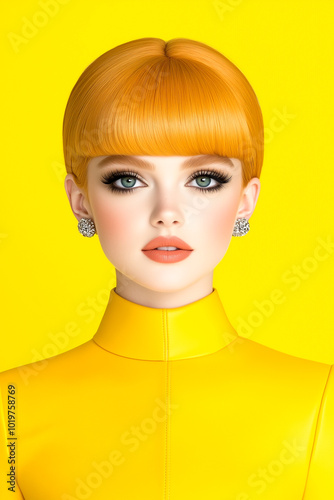 A woman with a short, orange bob and a yellow dress. She is wearing a yellow dress and a yellow top
